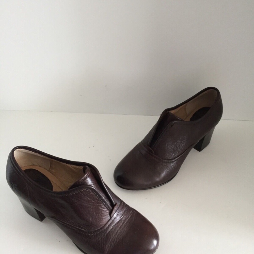 Frye Women Stella Leather Slip-on Shoes Oxford w/Heel Round Toe Dark Brown 6.5M